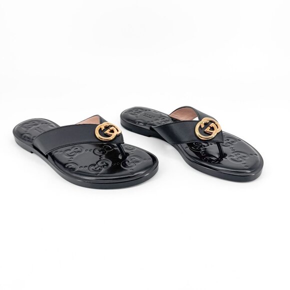 Gucci GG Black Interlocking Logo Flat Thong Sandal Flip Flop Size 37 US 7 Women - Picture 1 of 15